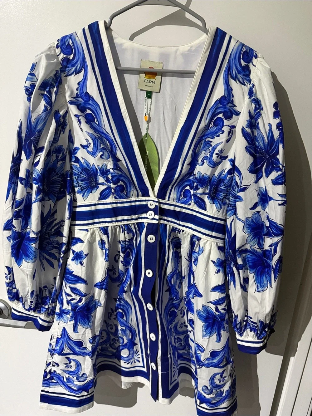 FARM Rio Blue & White Floral Button-Front Mini Dress - Picture 1 of 7
